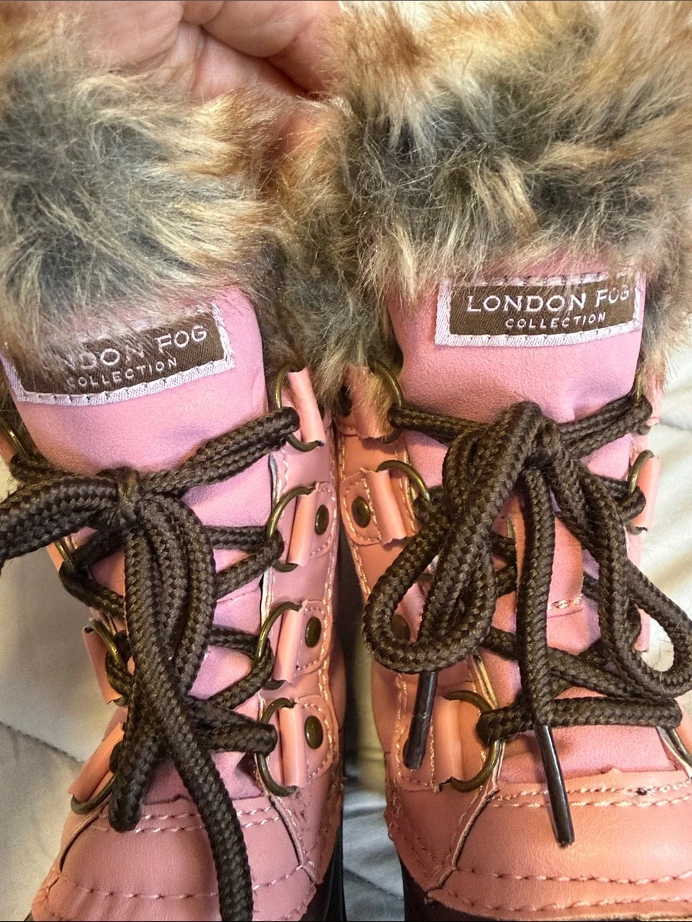 London Fog Pink and Brown Kids Snow Boots with Faux Fur Cuff